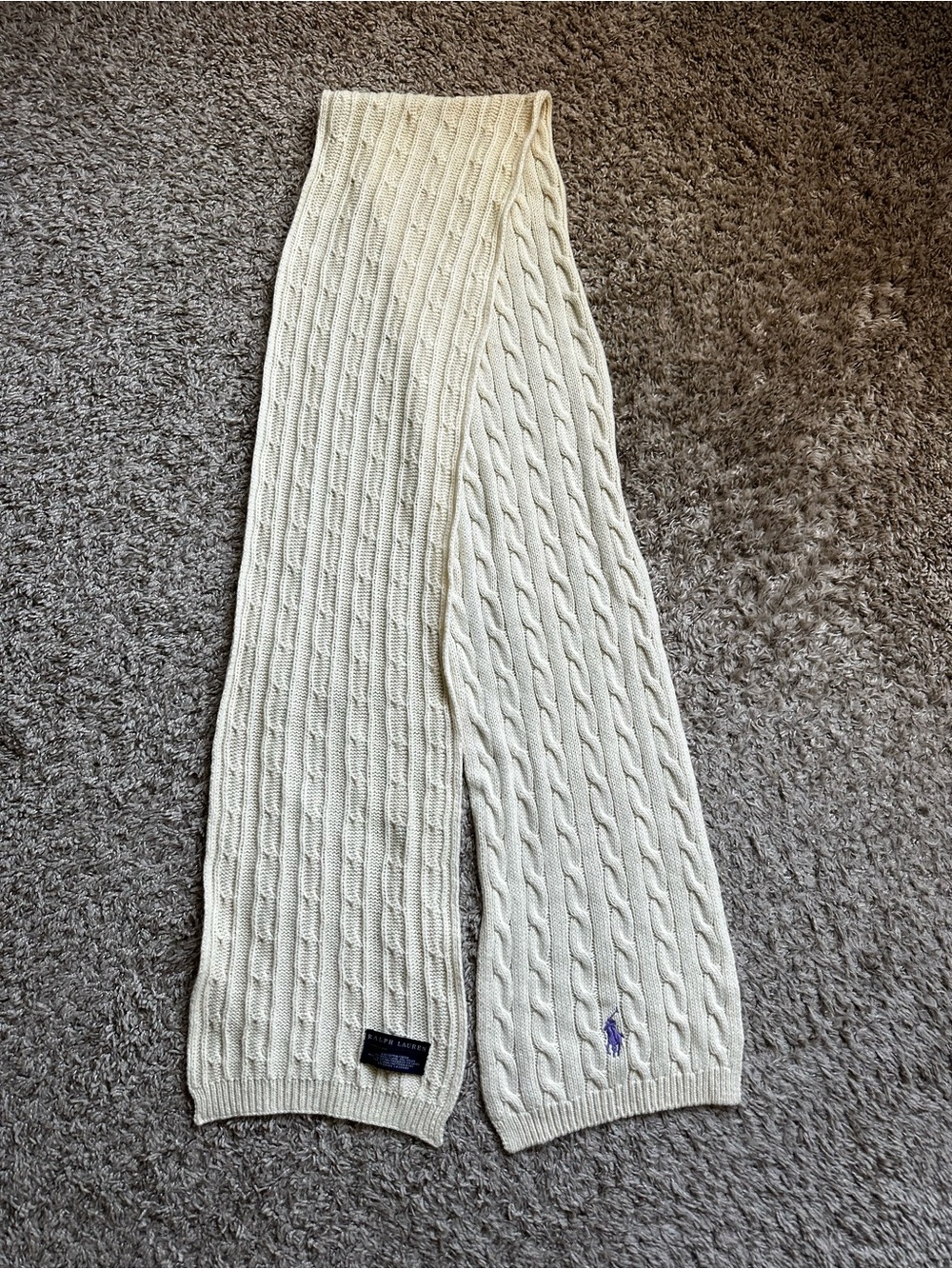 Ralph Lauren Cream Cable Knit Scarf with Purple Polo